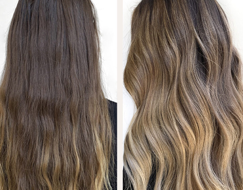 Before and after of Brown and Blonde Balayage Hair