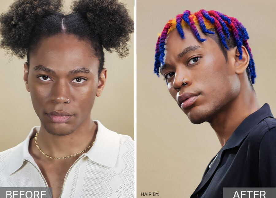 Before and after hair of featured male model in Color Your PRIDE with Bold & Beautiful ChromaSilk VIVIDS