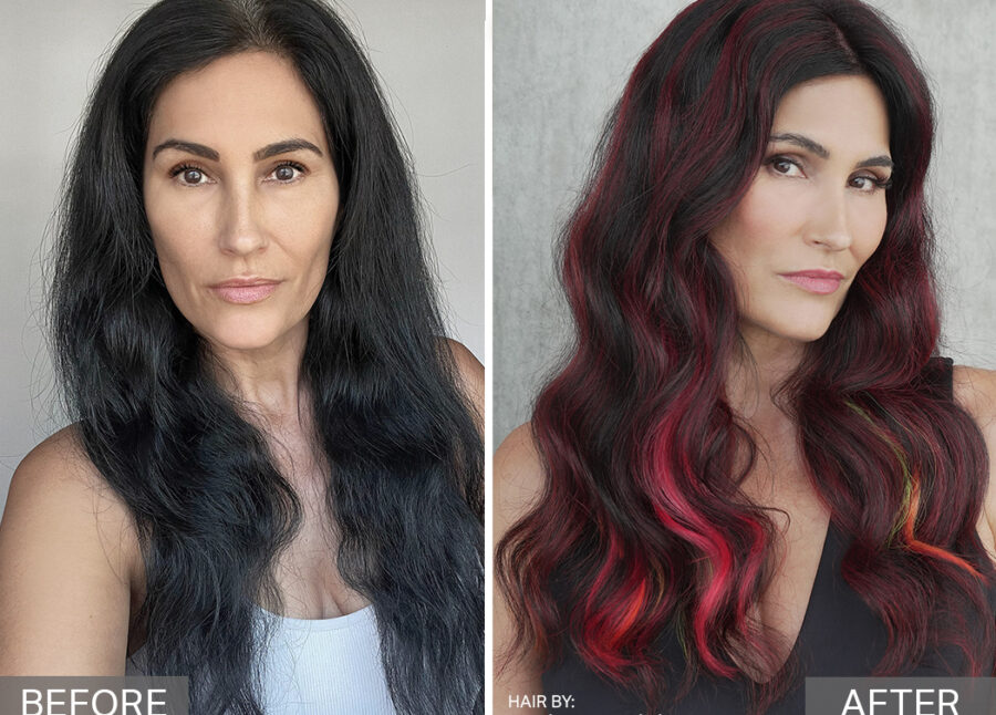 Before and after Ravishing Red Dahlia: ChromaSilk Grey Coverage with HydraGloss Shine