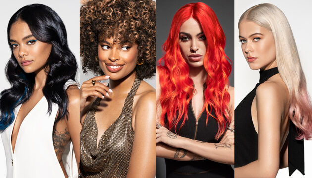4 female models using Pravana ChromaSilk hair color products.