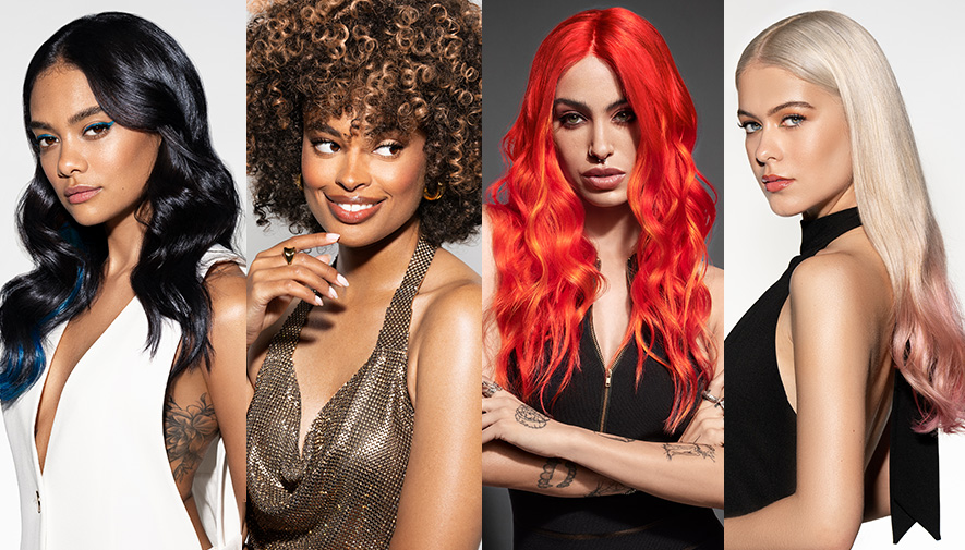 4 female models using Pravana ChromaSilk hair color products.