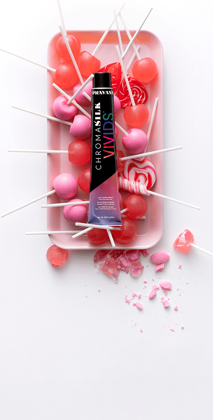 Variety of pink lollipops with ChromaSilk VIVIDS Original tube on top