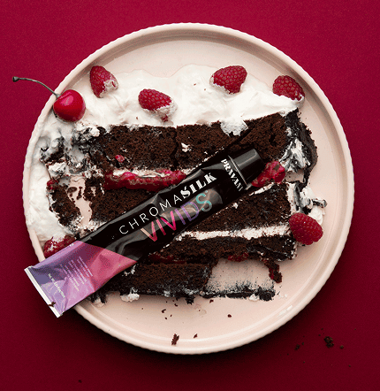 Red Velvet cake on a plate with ChromaSilk VIVIDS Original tube on top