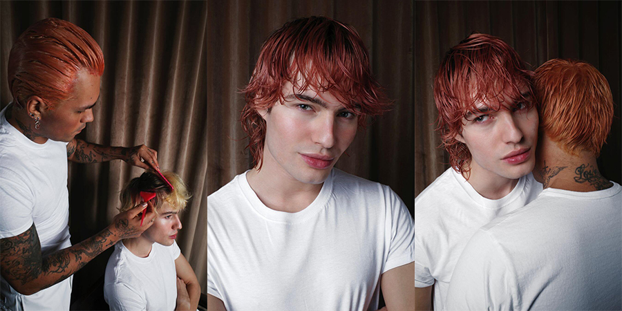 Professional colorist Evanie Frausto applying ChromaSilk VIVIDS Juicy to pre-lightened level 8 hair; showing the result of finished dark pink hair using ChromaSilk VIVIDS Crush, a deep mauve creative color shade; and the finished look of both shades including ChromaSilk VIVIDS Juicy, a vibrant coral hair color Evanie chooses to wear himself.