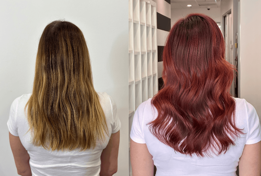 Dimensional Cowboy Copper hair color with a balance of warm and cool copper-mahogany.