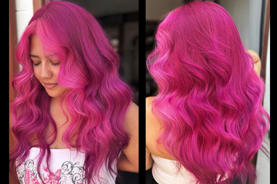 Rich Poison Berry meets a vibrant pink face frame designed by PRAVANA Creative Artist George Blanco is berry hard to resist for clients who crave bold, dimensional fashion hair color. (All PRAVANA ChromaSilk VIVIDS Everlasting. Back: Equal parts Poison Berry and Mystic Magenta, Face Frame: 3 parts Enchanted Pink and 1 part Mystic Magenta applied over pre-lightened Level 8/9.)