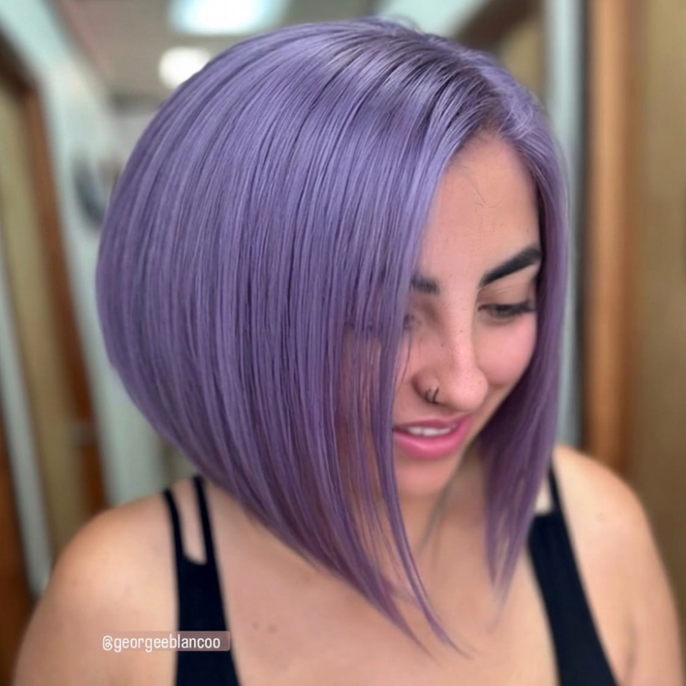 Vibrant custom periwinkle permanent hair color created with PRAVANA ChromaSilk VIVIDS Everlasting.