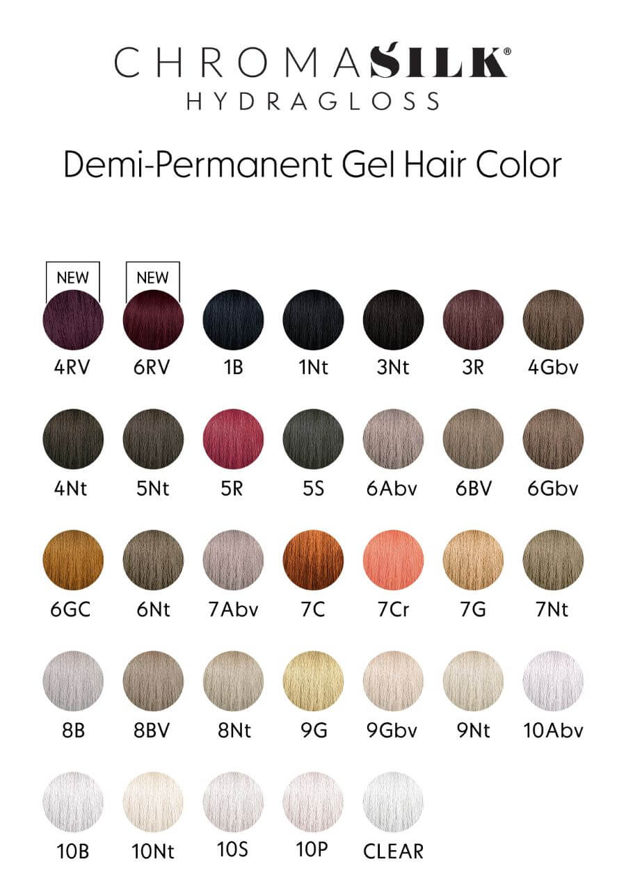 PRAVANA ChromaSilk HydraGloss demi-permanent hair color 33-shade color chart for customizable hair color and glossing services.